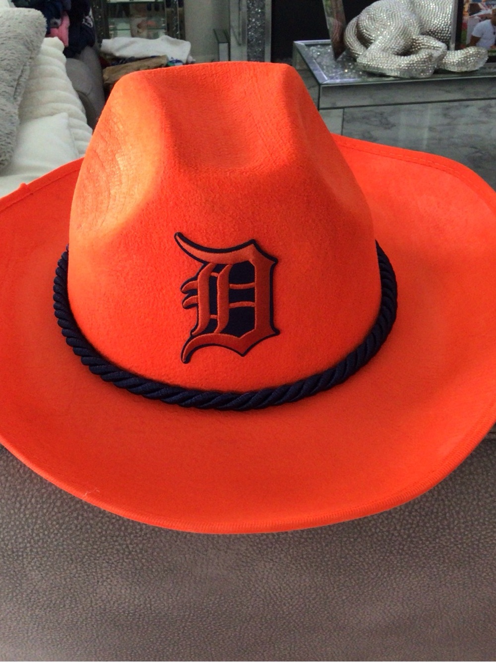 Orange Felt Cowboy Hat with Navy Rope and Embroidered 'D'